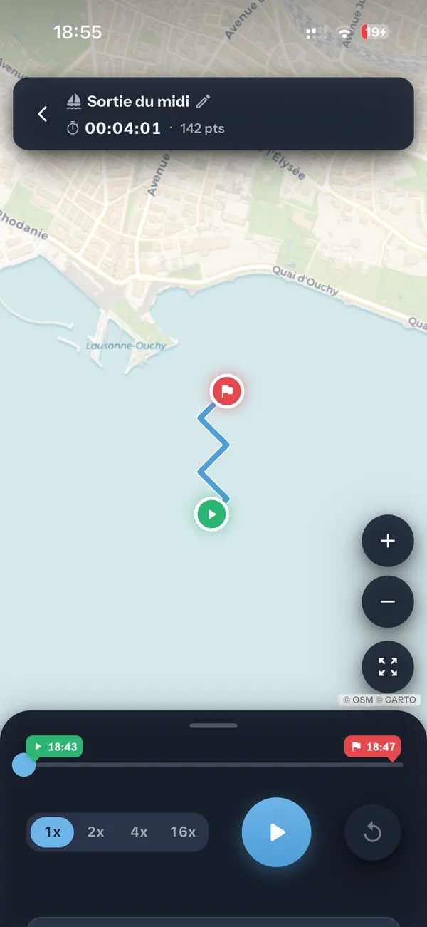 The TRKS app on iPhone, replaying a recorded outing on Lake Geneva