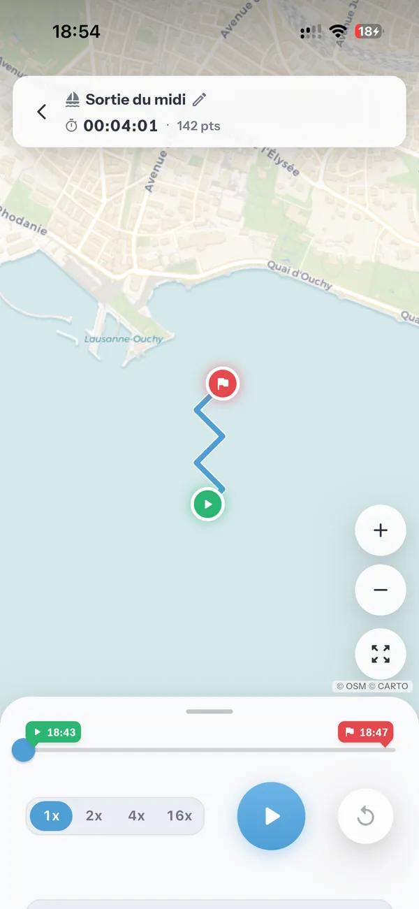 The TRKS app on iPhone, replaying a recorded outing on Lake Geneva
