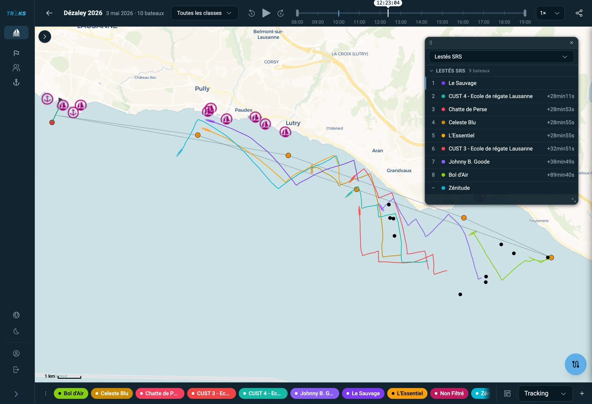 The TRKS viewer, showing fleet tracks on Lake Geneva and the live leaderboard