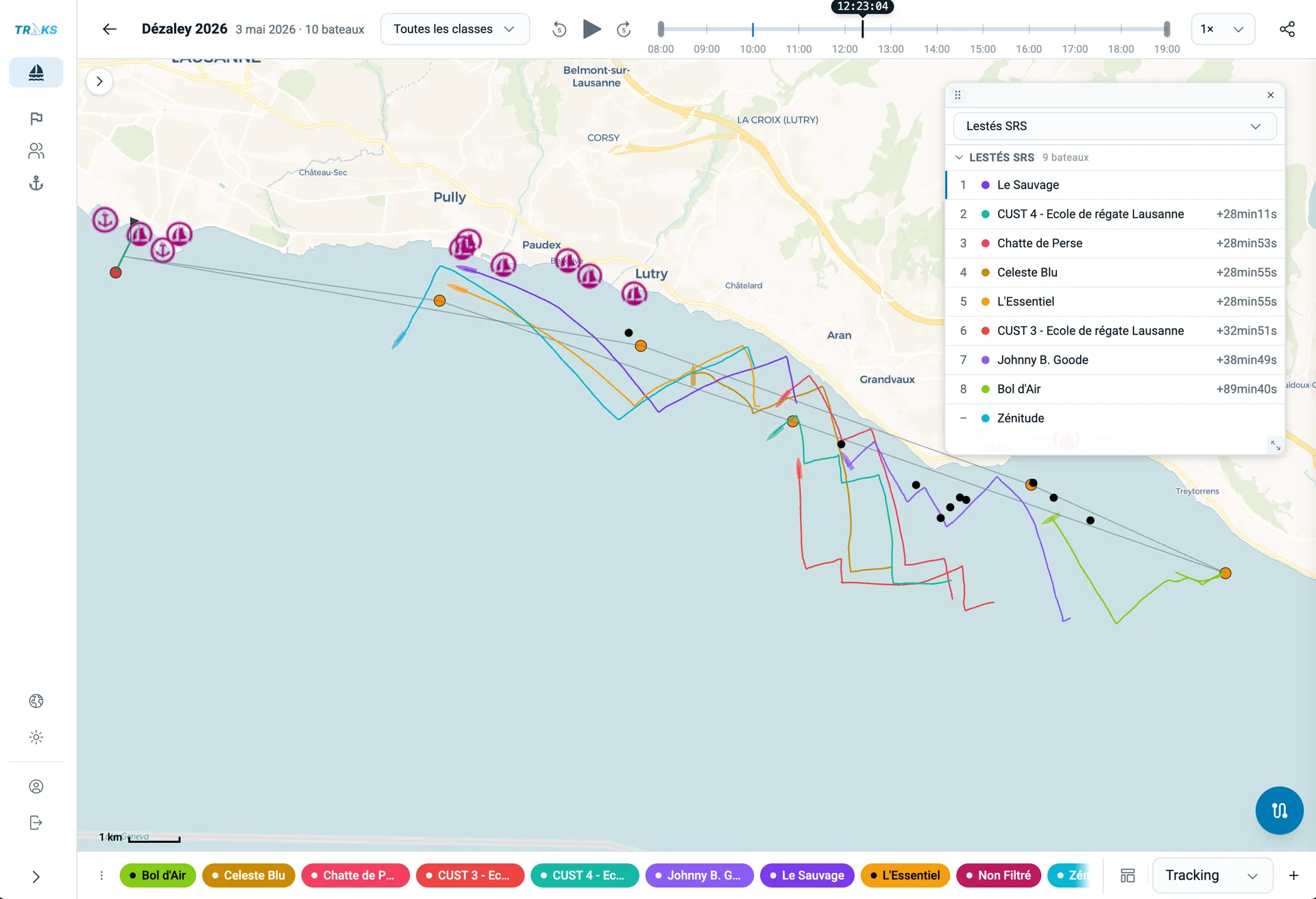 The TRKS viewer, showing fleet tracks on Lake Geneva and the live leaderboard